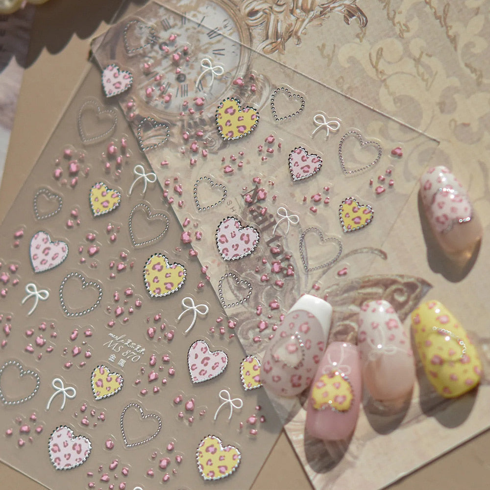 Premium Nail Sticker-118 Leopard Heart Ribbon