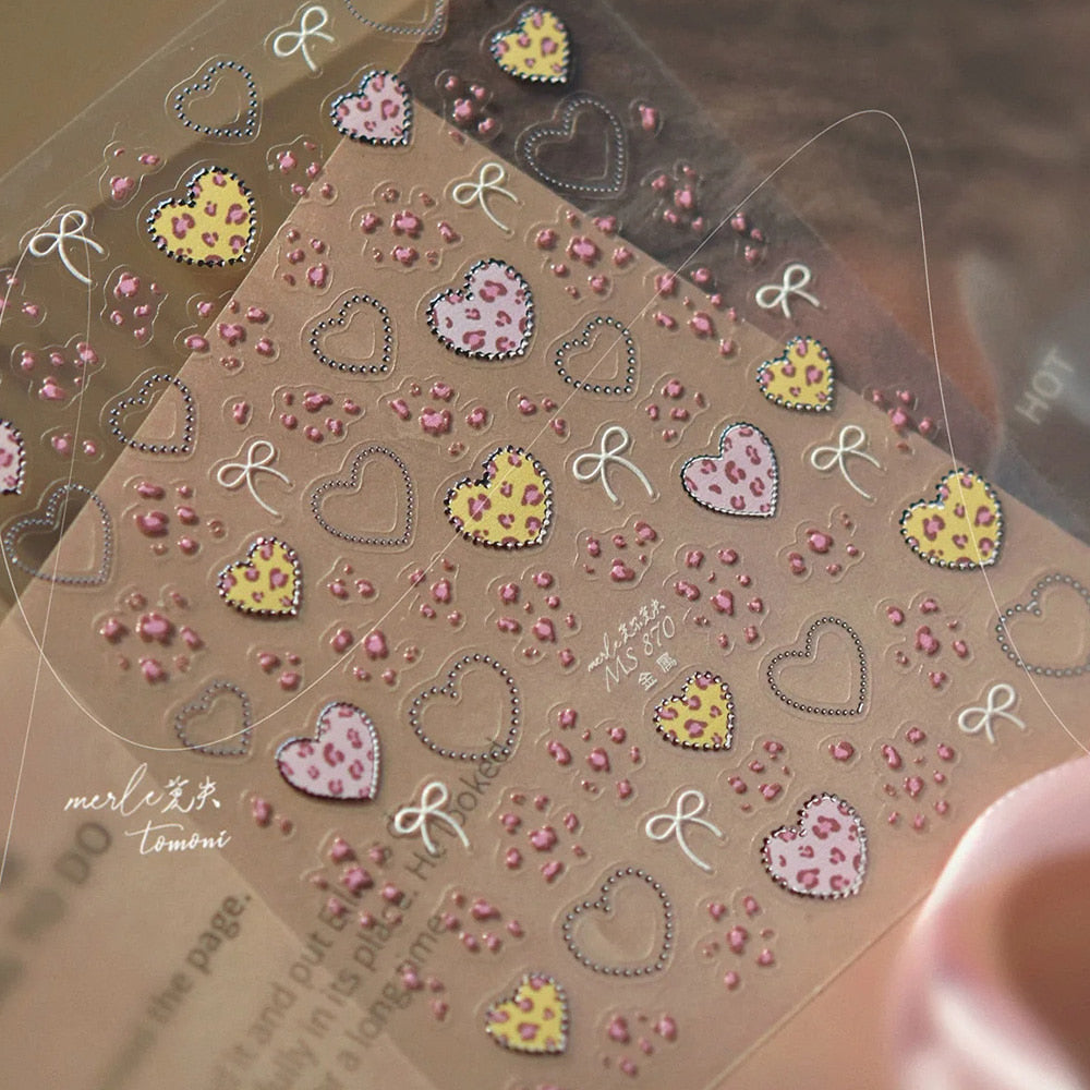 Premium Nail Sticker-118 Leopard Heart Ribbon