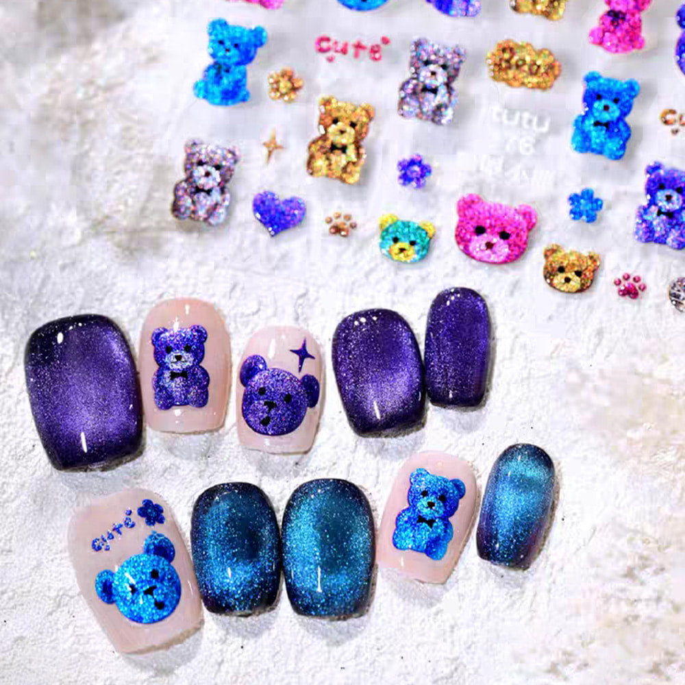 3D Embo Nail Sticker Bear Paw Star Nail Glitter Hologram