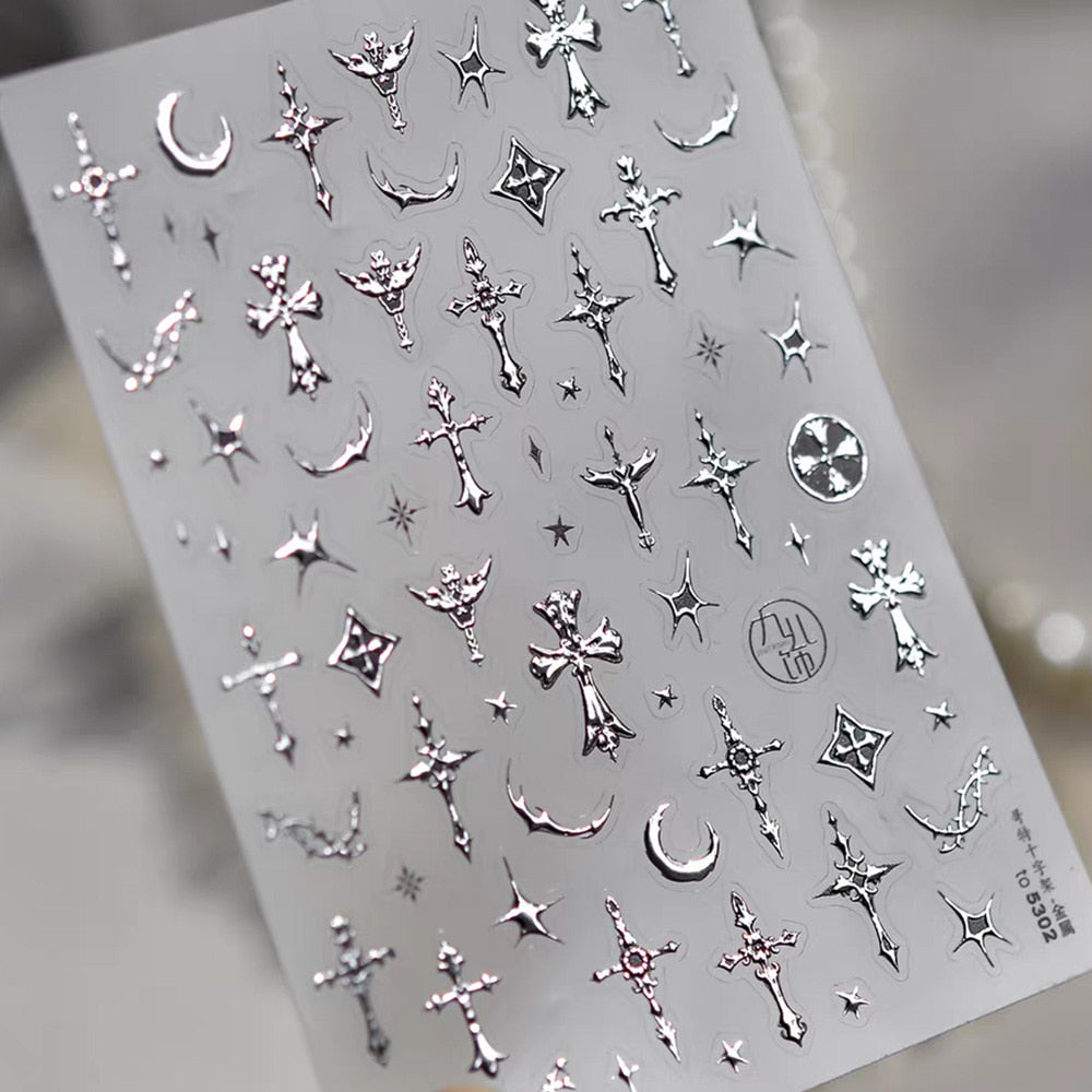 3D embossed nail sticker-592 cross star crescent moon silver metal