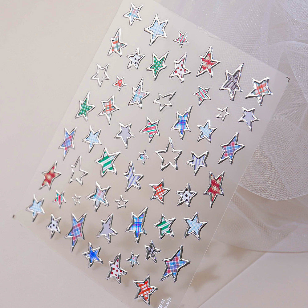 3D embossed nail sticker-596 star check dot silver metal