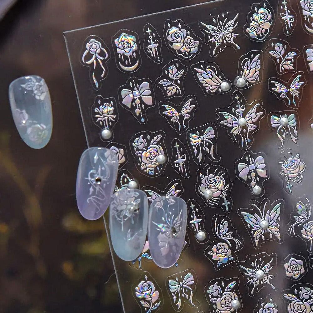 3D embossed nail sticker-611 mother-of-pearl butterfly rose ribbon pearl stone