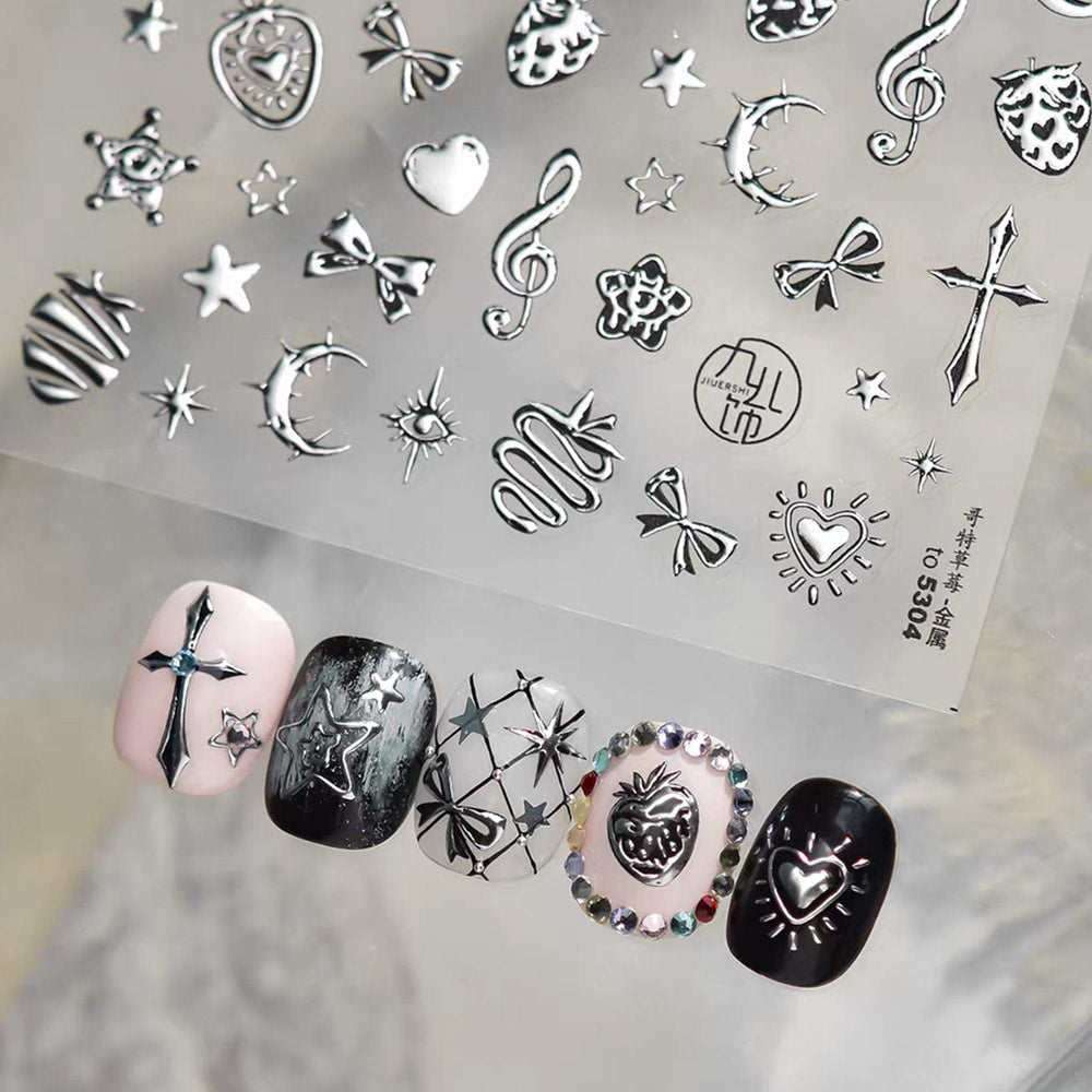 3D Embossed Nail Sticker-593 Strawberry Star Musical Note Ribbon Silver Metal