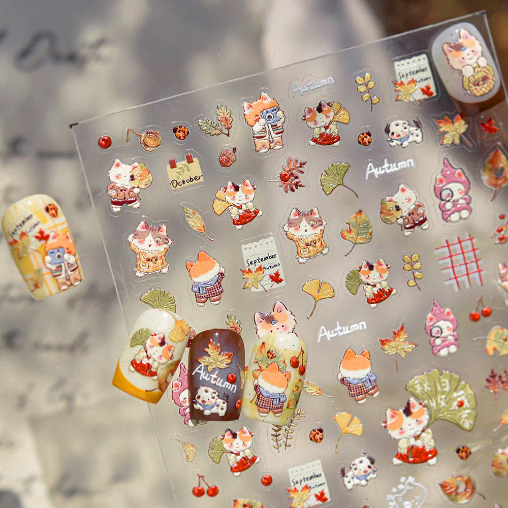3D Embo Nail Sticker-591 Cat Autumn Leaves Ginkgo Leaf