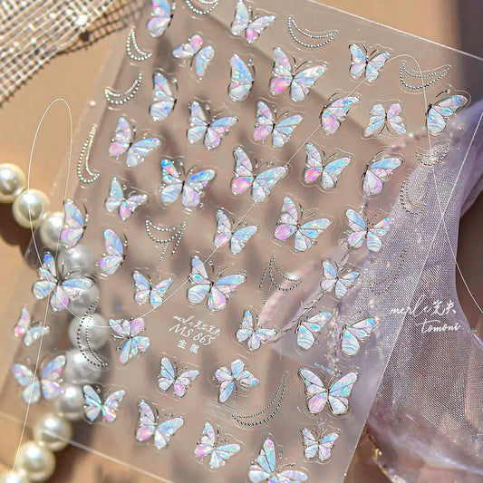 3D embossed nail sticker-614 butterfly mother-of-pearl silver