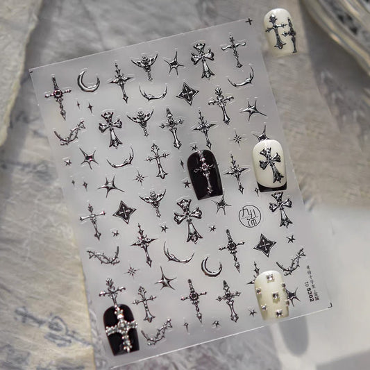 3D embossed nail sticker-592 cross star crescent moon silver metal