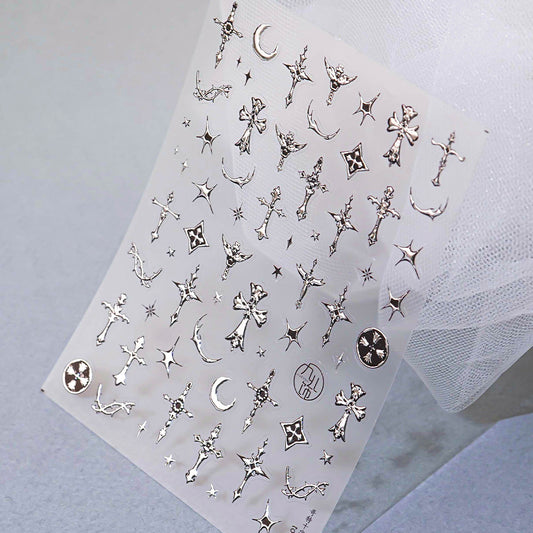 3D embossed nail sticker-592 cross star crescent moon silver metal