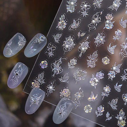 3D embossed nail sticker-610 mother-of-pearl butterfly rose pearl stone