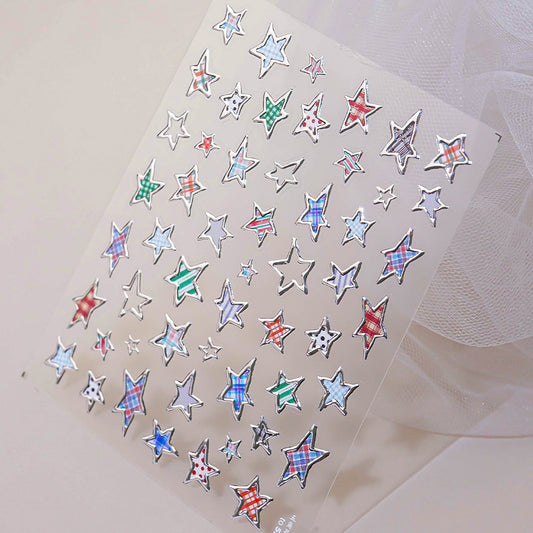 3D embossed nail sticker-596 star check dot silver metal