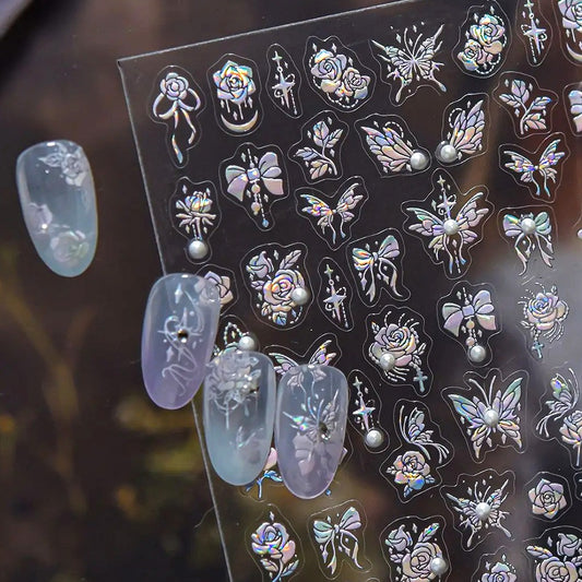 3D embossed nail sticker-611 mother-of-pearl butterfly rose ribbon pearl stone