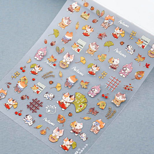 3D Embo Nail Sticker-591 Cat Autumn Leaves Ginkgo Leaf