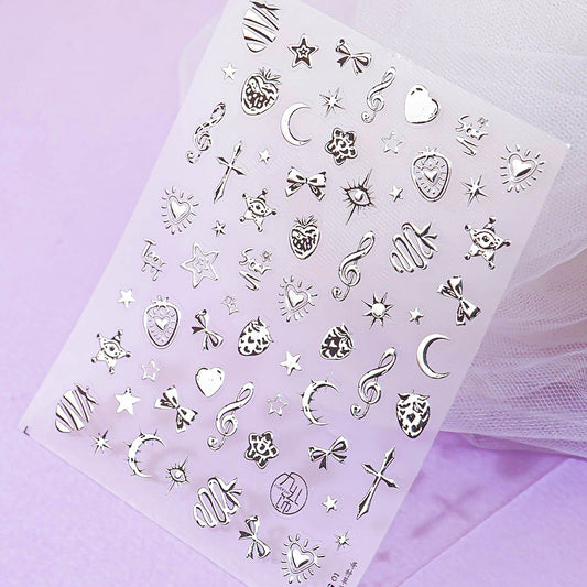 3D Embossed Nail Sticker-593 Strawberry Star Musical Note Ribbon Silver Metal
