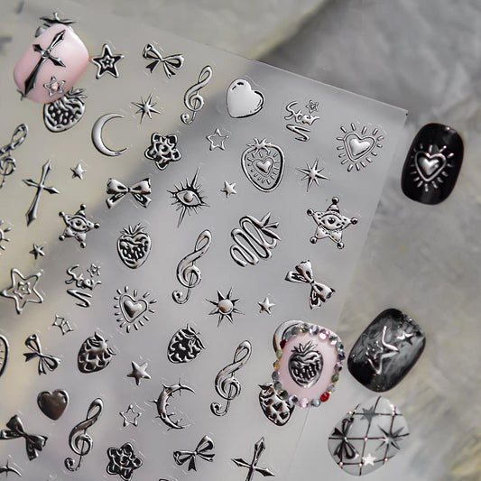 3D Embossed Nail Sticker-593 Strawberry Star Musical Note Ribbon Silver Metal