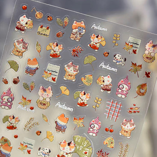 3D Embo Nail Sticker-591 Cat Autumn Leaves Ginkgo Leaf